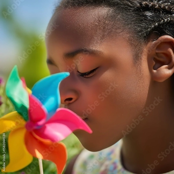 Obraz Close Up of a Young Girl Gently Smelling a Colorful Pinwheel.