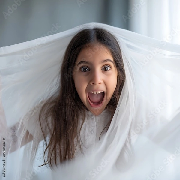 Obraz Playful Girl Hiding Under White Fabric, Close Up Portrait. A cheerful child's face peeks out from a sheer white cloth, expressing excitement and joy.