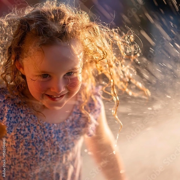 Obraz Joyful Little Girl Playing in a Summer Sprinkler, Close Up Portrait.