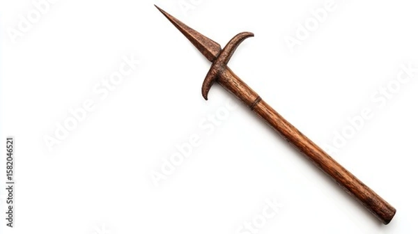 Fototapeta A harpoon with wooden finish, ample space for text on the right side, set against a white background