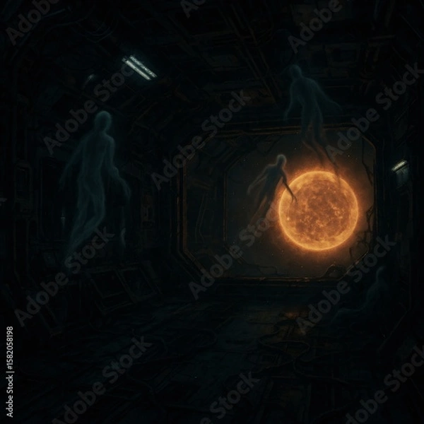 Fototapeta Abandoned Space Station Orbiting Dying Star with Flickering Lights and Ghostly Shadows in Zero Gravity