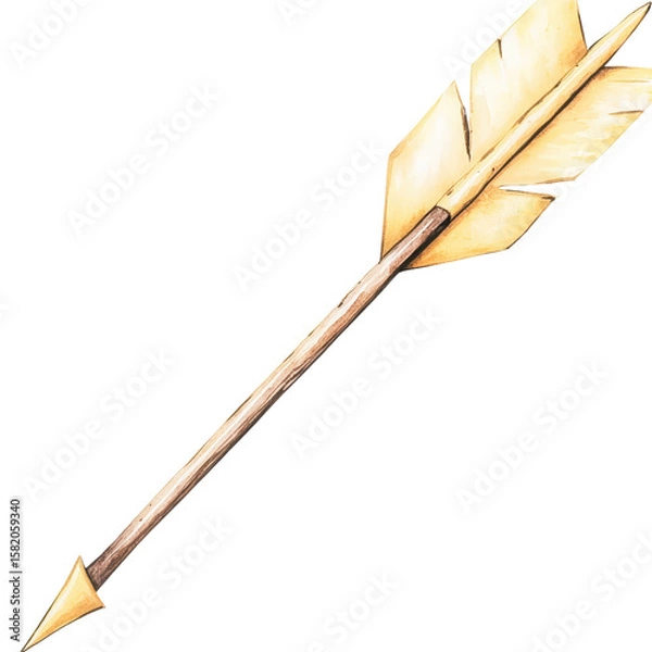 Fototapeta Decorative wooden arrow with gold-colored feathers and pointed tip for crafts and fantasy themes