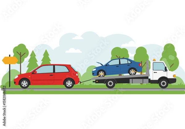 Fototapeta Roadside Assistance Scene  Car Towing & Breakdown Service Illustration on Road in Countryside