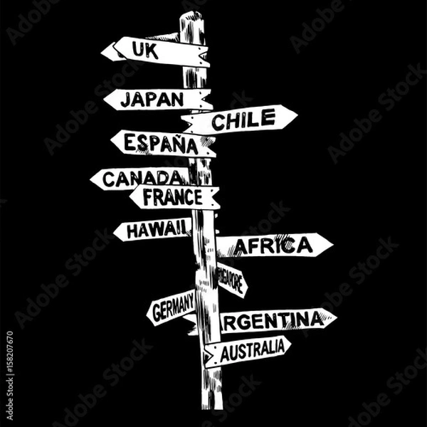 Fototapeta Direction signs different countries. Isolated illustration. Vector