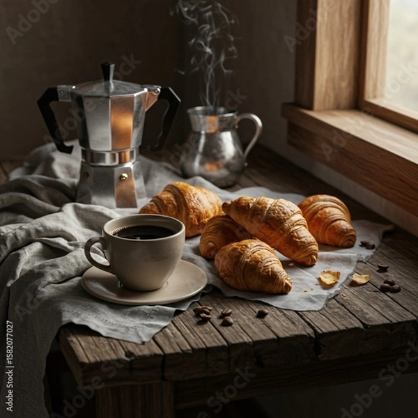 Fototapeta Flat Lay of Rustic Breakfast with Croissants, Coffee, and Natural Linen on Wooden Table