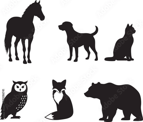 Obraz Collection of black animal silhouettes including a horse dog cat owl fox and bear isolated on a white background