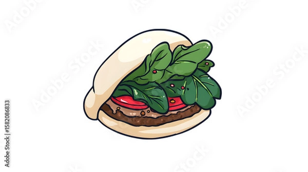 Fototapeta Black filled icon of a bao bun with meat and greens, transparent background
