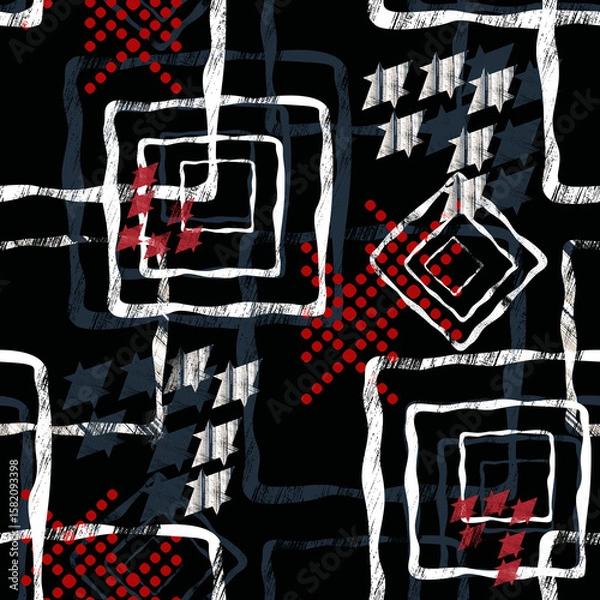 Fototapeta Seamless abstract geometric grunge pattern. White, red figures on a black background.