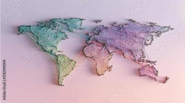 Obraz World map with interconnected threads