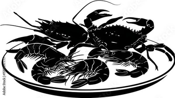 Fototapeta Black silhouette of a seafood platter with crab and shrimp, isolated on white background