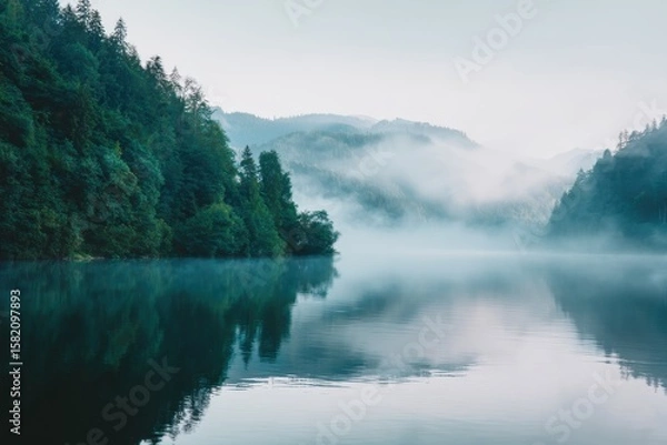 Fototapeta Serene Mist Shrouds a Tranquil Forested Lake Creating a Peaceful and Relaxing Atmosphere for Nature Lovers and Photographers Seeking Calm