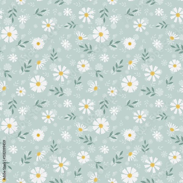 Fototapeta Seamless retro floral rustic pattern. White daisy flowers on light gray background.