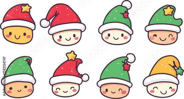Obraz Cute Christmas Characters with Santa Hats in Red Green and Yellow Colors