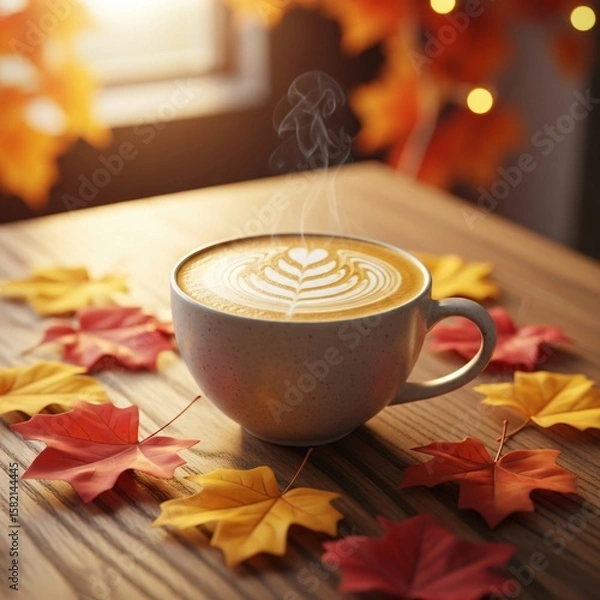Fototapeta Warm Cup of Pumpkin Spice Latte with Latte Art and Autumn Leaves on Wooden Table