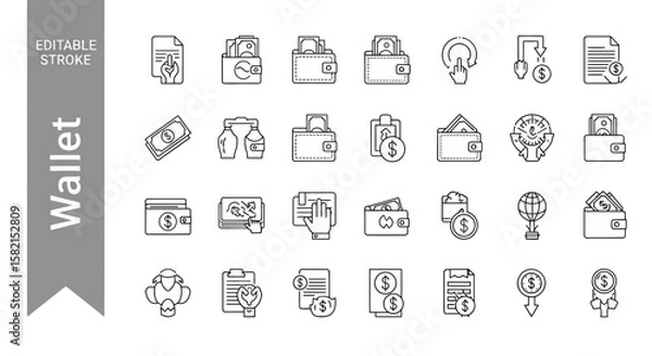 Fototapeta A sleek, minimalist line icon of a wallet, symbolizing digital payments, mobile finance, and currency management.