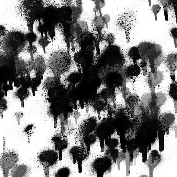 Fototapeta Black spray paint drips and splatter texture. Abstract grunge paint effect with dark drips and spray particles filling the frame. Isolated graphic element on transparent background, PNG cutout.