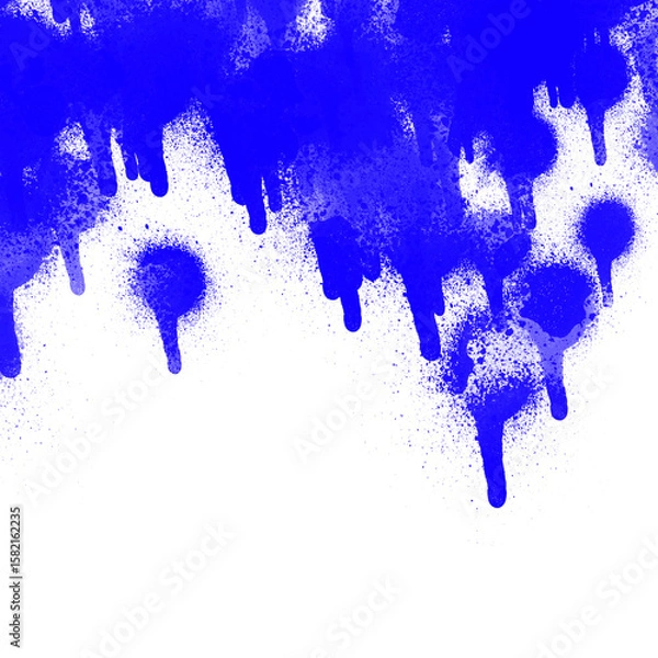 Fototapeta Blue spray paint drips and splatter forming a top border. Grunge artistic effect with drips and spray particles, perfect for accents. Isolated graphic element on transparent background, PNG cutout.
