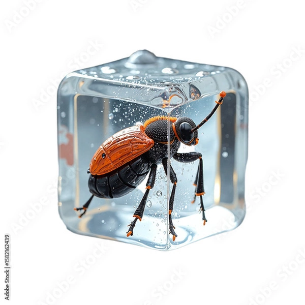Fototapeta Prank ice cube bug isolated, Transparent frozen gadget, Compact insect object, Fun trick unit, Novelty chill tool, Realistic toy piece, Joke prop