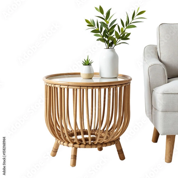 Fototapeta Rattan side table isolated, Transparent furniture decor, Stylish home object, Natural material piece, Modern room prop, Functional accent
