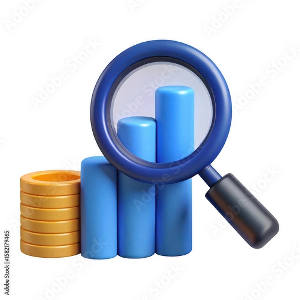 Fototapeta 3d financial analysis with magnifying glass isolated on transparent background