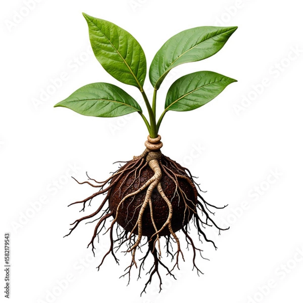 Fototapeta Root tangle plant brown isolated, Natural underground organic detail, Botanical earth object, Decorative twisted element, Textured design piece