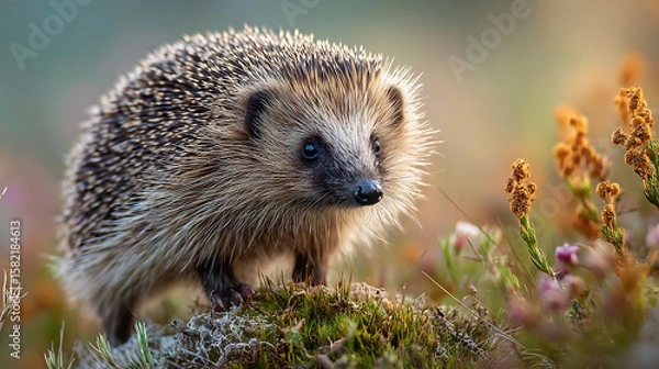 Fototapeta A hedgehog standing on a small grassy mound, morning dew on its spines, camera close-up on its tiny nose, blurred meadow flowers in the background, cinematic soft lighting.