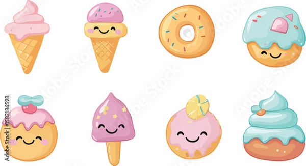 Obraz Cute Kawaii Dessert Set with Smiling Faces on White Background Illustration