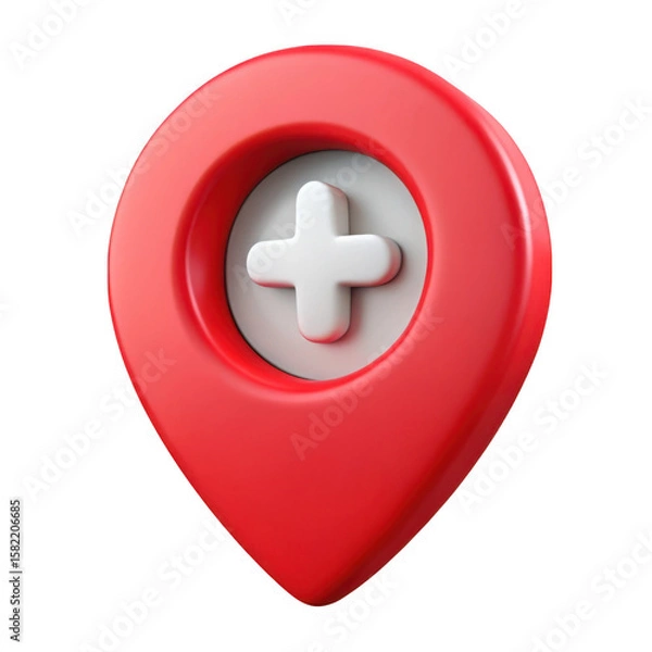 Fototapeta 3d red location pin with white plus icon isolated on transparent background
