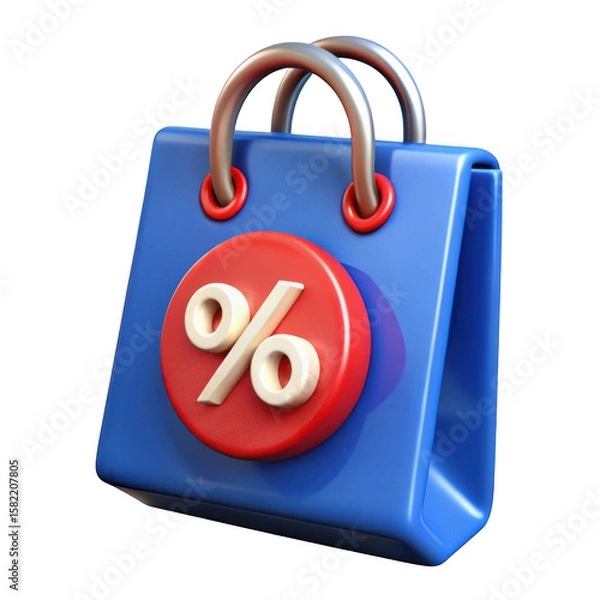 Fototapeta 3d blue shopping bag with percentage symbol isolated on transparent background