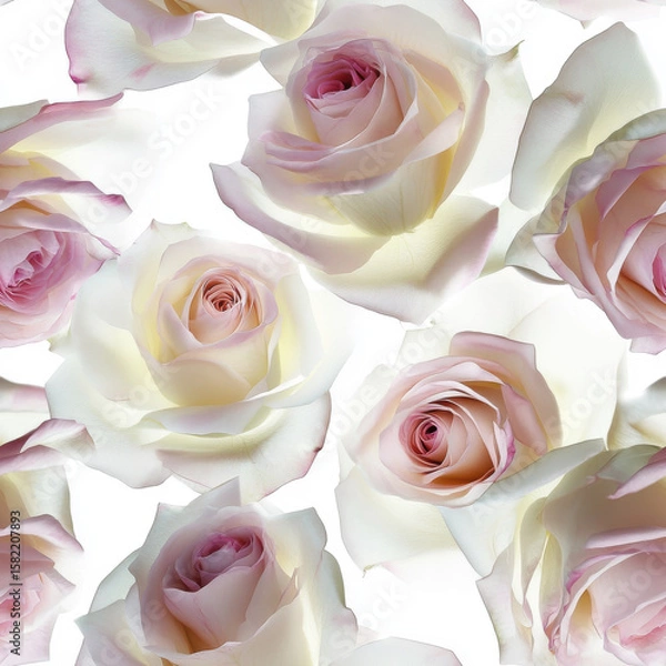 Fototapeta Soft pink and white roses create romantic and elegant floral pattern, perfect for backgrounds or decorative designs. delicate petals and gentle hues evoke sense of tranquility and beauty