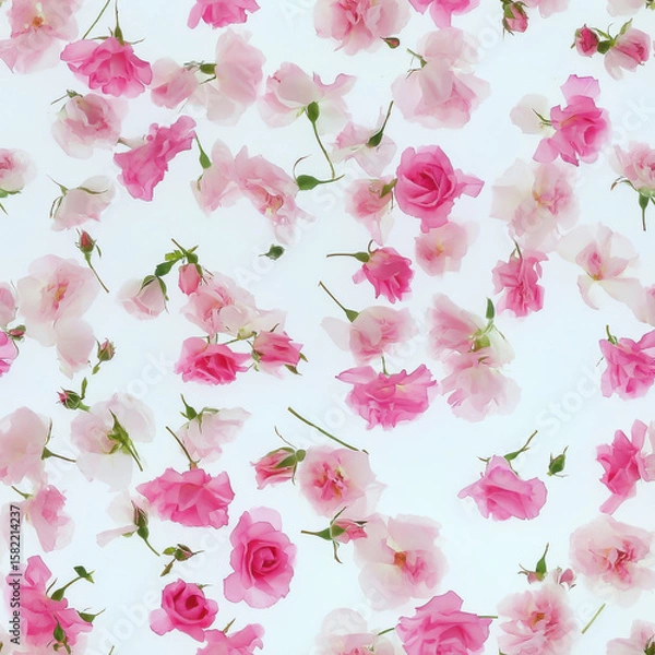 Fototapeta Pink and white flowers scattered on light background create delicate and romantic pattern, evoking sense of elegance and tranquility