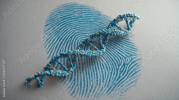 Fototapeta DNA helix emerges from fingerprint in 3D, linking genetics to identity. 