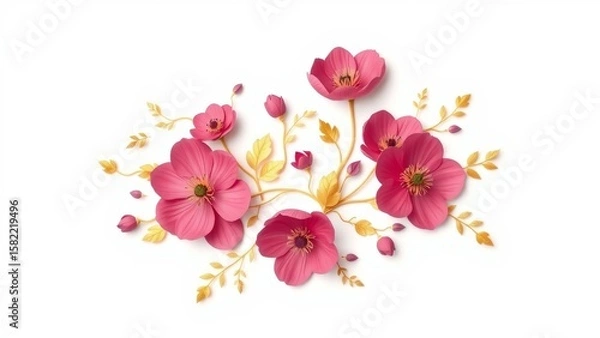 Obraz A digital papercut style artwork featuring scattered anemones with gold leaves and vines in an artistic corner drop.