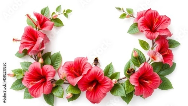 Obraz A beautifully detailed 3D render of an L-shaped corner wreath adorned with hibiscus flowers, buzzing with bees and bumblebees, exuding lifelike charm.