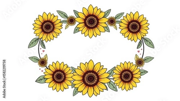 Obraz A beautifully hand-drawn symmetrical wreath featuring sunflowers, tiny hearts, and stars in soft pastel tones.