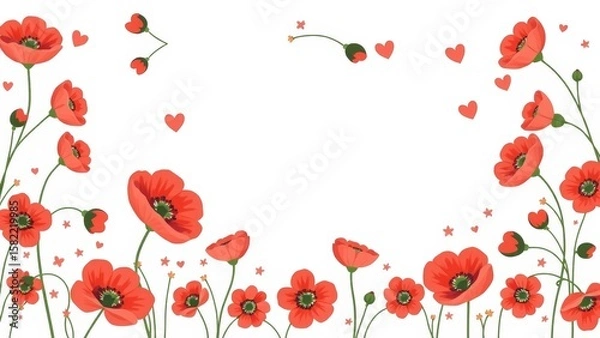 Obraz A charming kawaii-style illustration featuring poppies, tiny hearts, and stars scattered along a whimsical floral edge.
