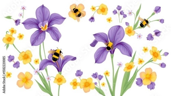 Obraz A kawaii cute illustration of a loose scattered floral edge made of iris, with bees and bumblebees.