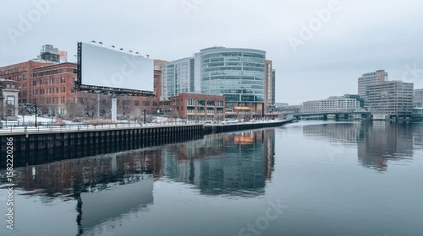 Obraz Cityscape by river on a cloudy day