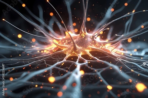 Fototapeta Glowing AI Neuron Cell Activating Brain Impulses