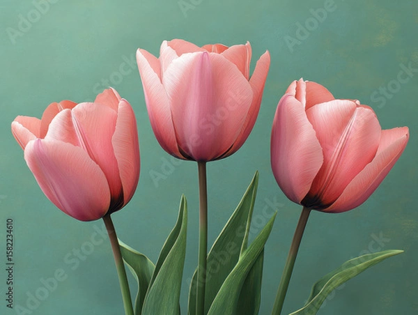 Fototapeta Three pink tulips with delicate petals stand gracefully against soft green background, creating serene and elegant floral composition