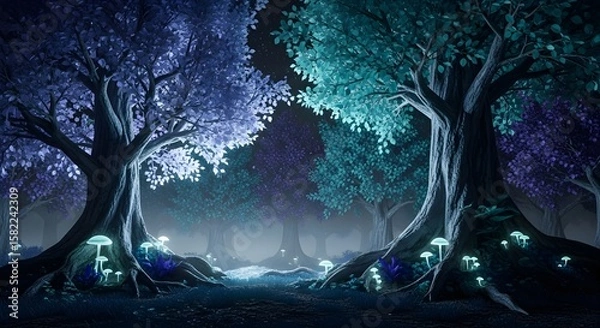 Obraz Mystical night forest scene with glowing blue and green mushrooms, ancient twisted trees, dense fog, and soft celestial light illuminating a peaceful, magical, enchanted environment