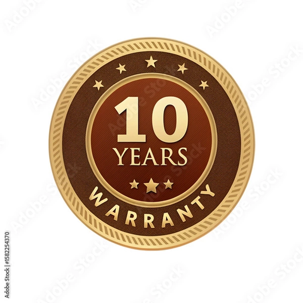 Fototapeta A golden 10 years warranty seal with stars is isolated on transparent background, representing product quality and assurance
