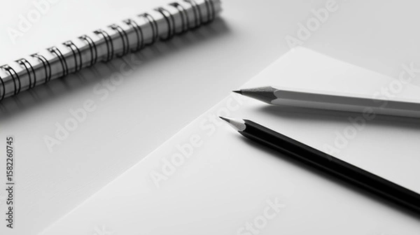 Fototapeta Minimalist pencils lay on notepad next to spiral notebook. AI generated