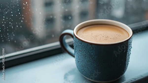 Fototapeta A close-up of a blue ceramic cup filled with coffee, sitting on a windowsill with raindrops on the glass in the background.