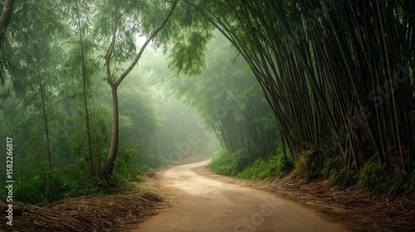 Fototapeta Misty trail winding through dense bamboo Asia and serenity. AI generated.
