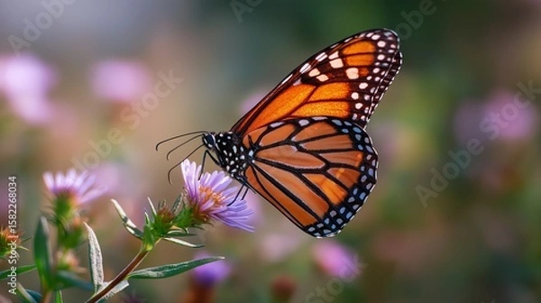Fototapeta Monarch butterfly rests on flower with beautiful natural framing. AI generated