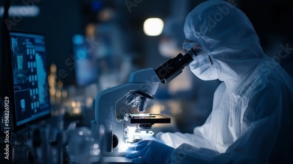 Fototapeta Technician using microscope in lab PPE attire screens glowing. AI generated.