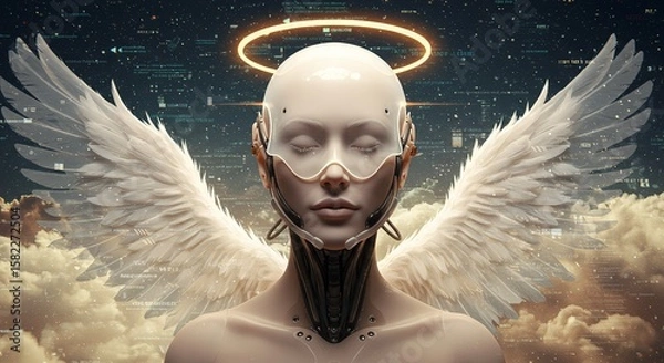 Fototapeta Cyber-Angel in Neon Metropolis - AI-Generated Serene Futuristic Being for Sci-Fi & Spiritual Media  