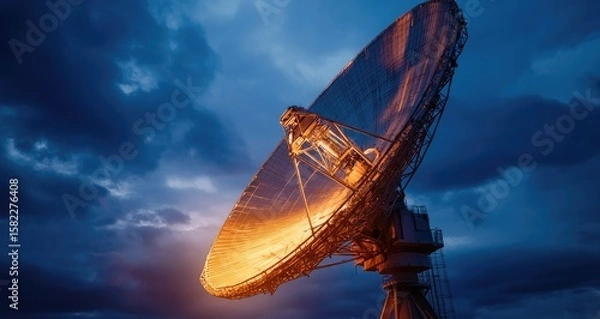 Obraz Massive radio telescope dish, illuminated orange-gold, against dramatic twilight sky