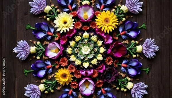 Fototapeta Colorful floral mandala arrangement on a wooden surface with vibrant flowers